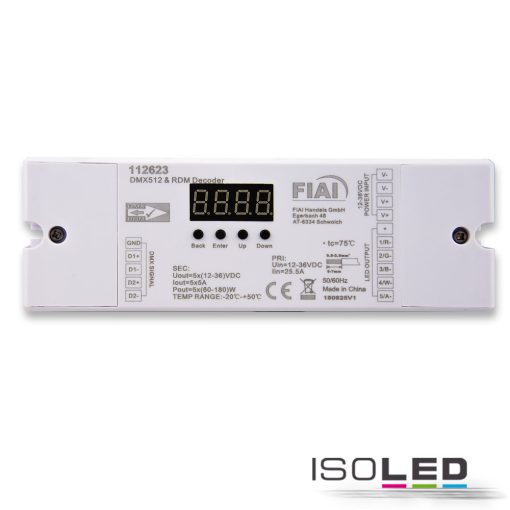 DMX512 RDM 8/16 bit dekóder, 1-5 csatorna, 12-36V 5x5A,48V 5x1.5A