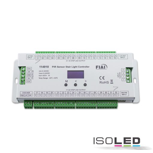 Lépcsoeffektus PWM Dimmer 5-24V DC, 32x1A + SPI kimenet, 2 PIR érzékelo + 2 Push-Tast bemenet